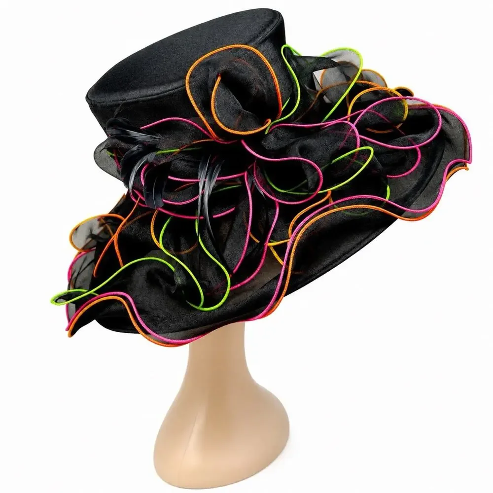 Y2K Black Organza Kentucky Derby Hat Wide Brim Neon Trim Feather Race Day Vtg